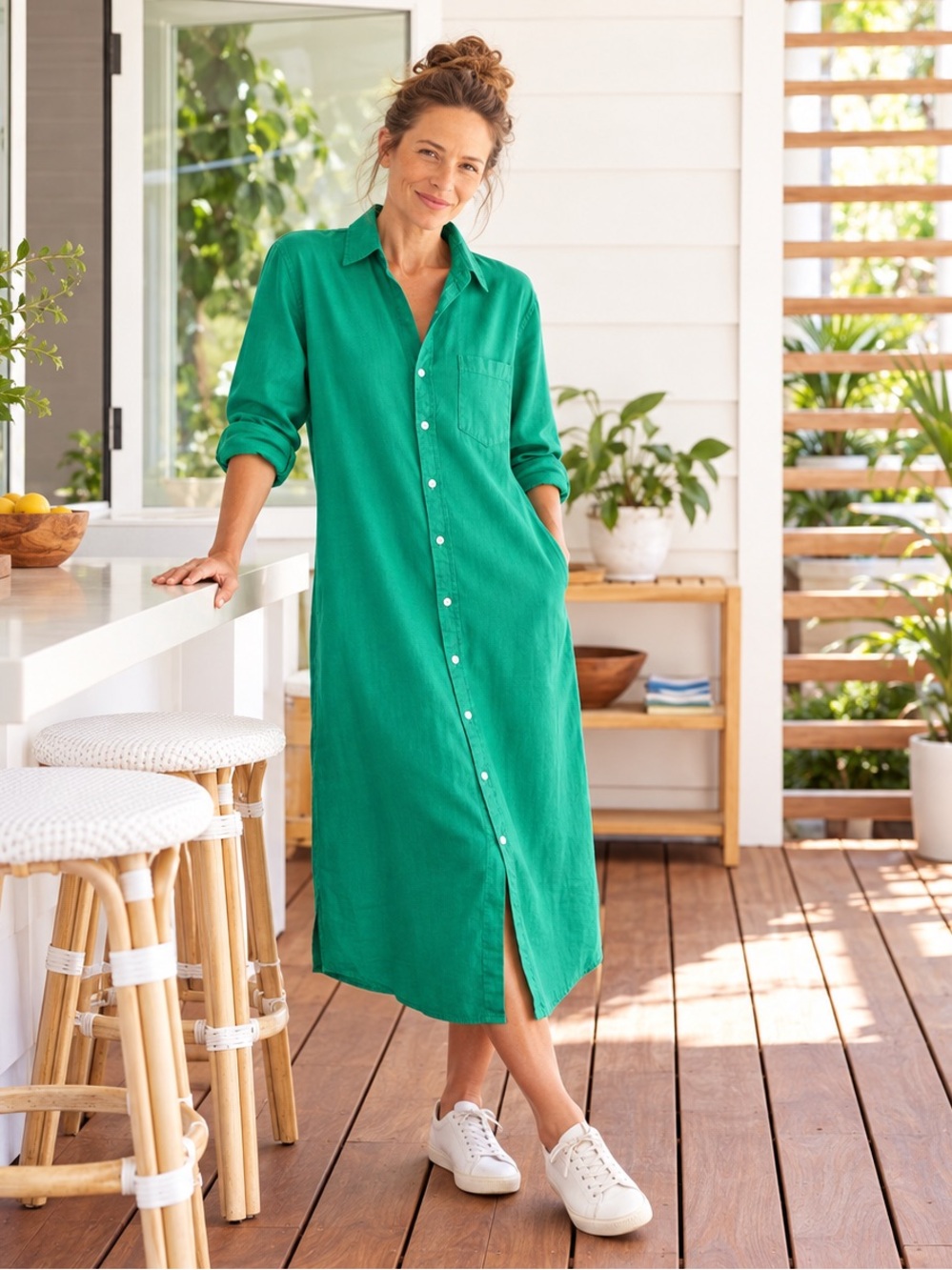 Frank & Eileen Rory Green Cotton Shirt Dress Medium Button Front Made in USA